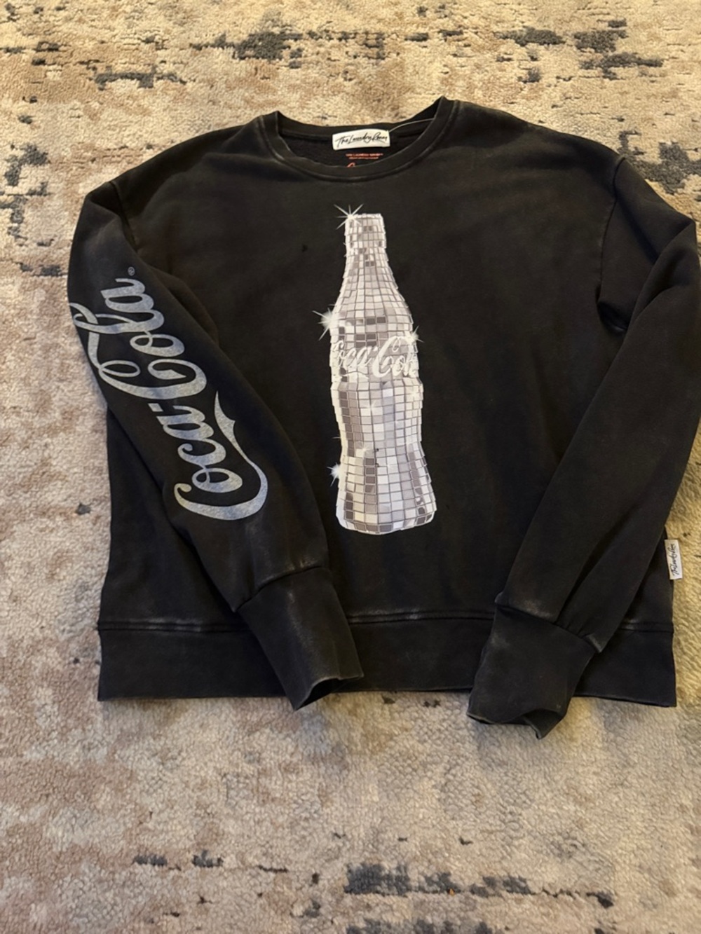 The Laundry Room Coca Cola Black Crewneck w Silver Disco Bottle Graphic